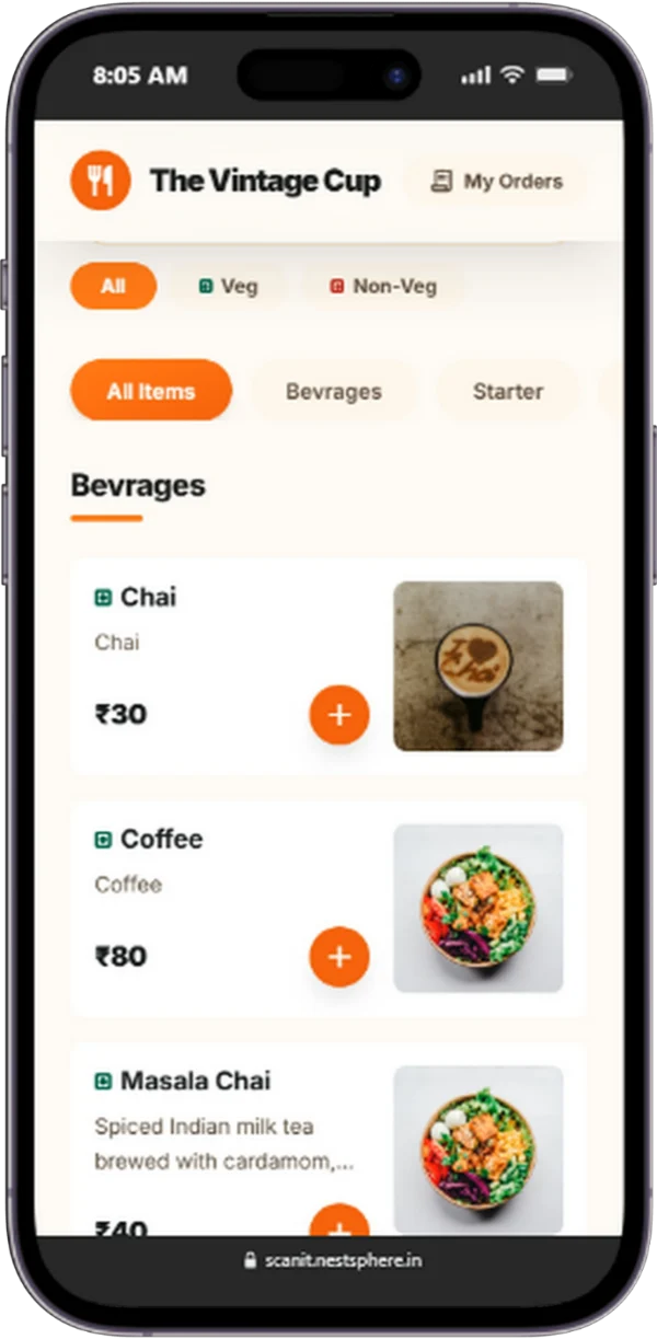 ScanIt digital menu on a phone, showing a café's items with prices and add buttons