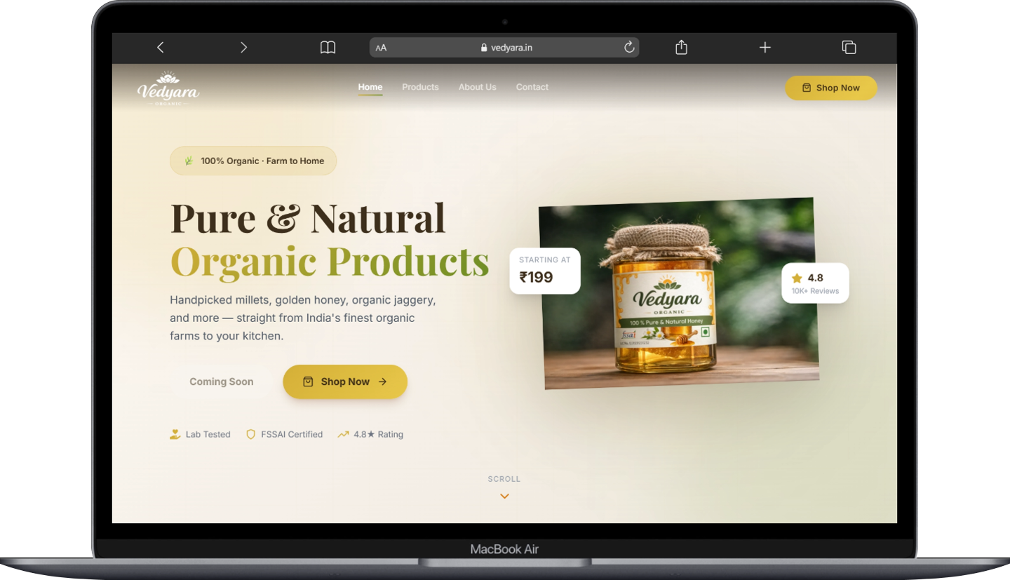 Vedyara Organic website, shown on a laptop screen