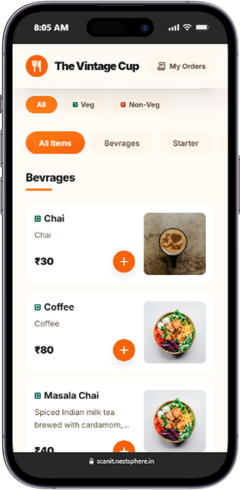ScanIt QR ordering app — live menu on a phone
